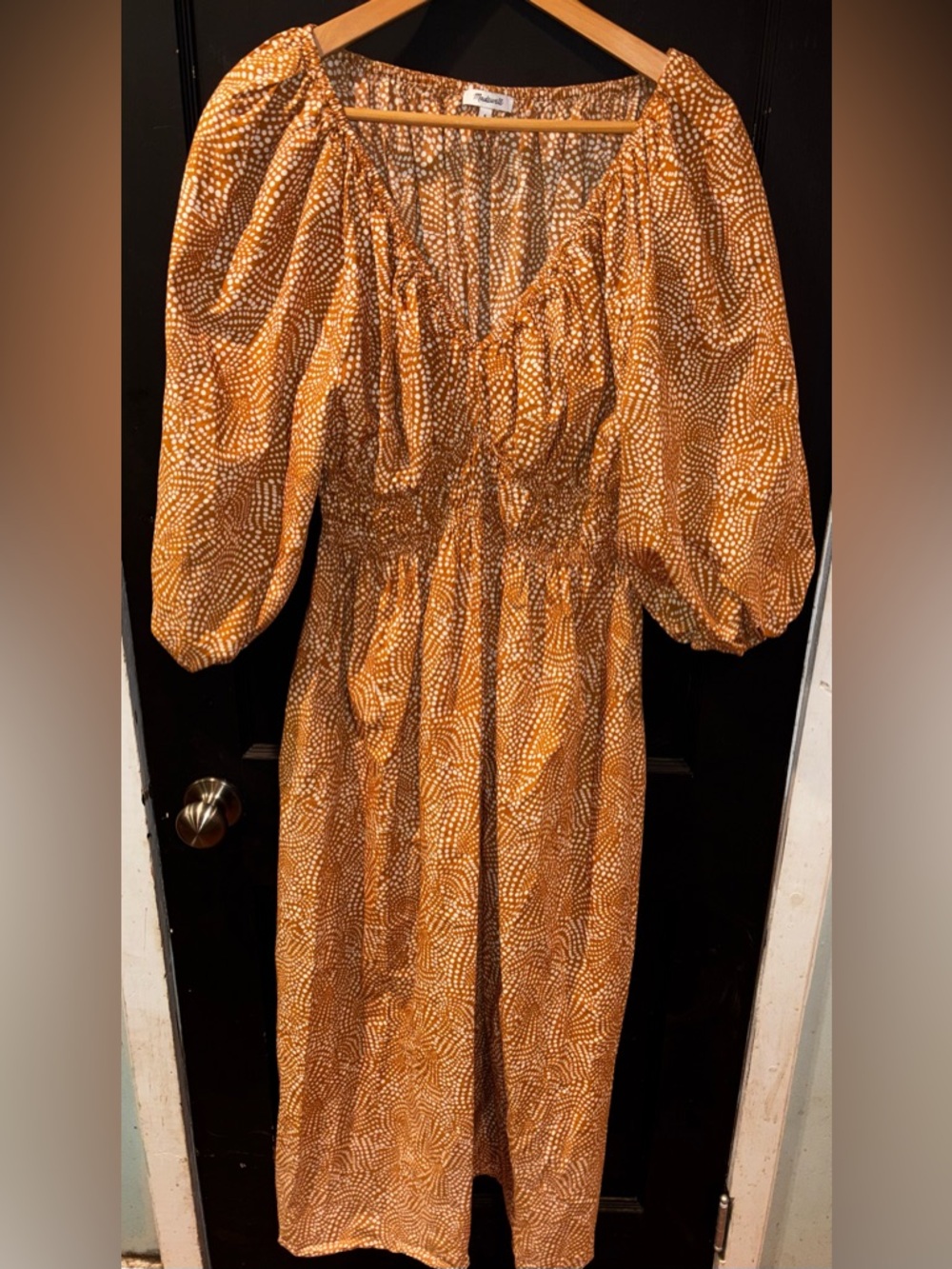 Madewell Brown Polka Dot Puff Sleeve Smocked Midi Dress Size 6